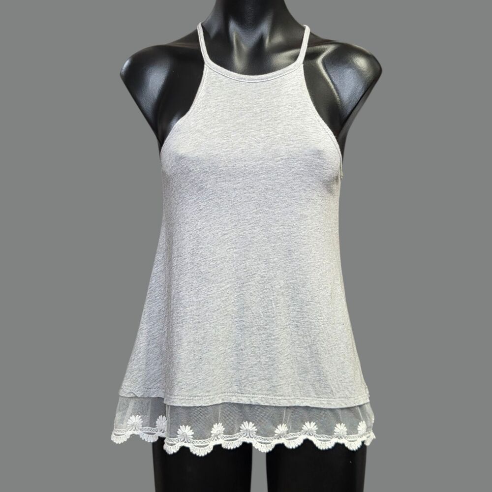 L.A. Hearts Tank Top Womens XS Gray Halter Embroidered Lace Hem Jersey